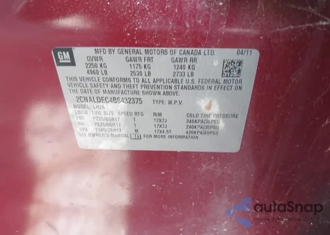 2011 Chevrolet Equinox 1Lt из США, поврежденный, VIN 2CNALDEC4B6432375